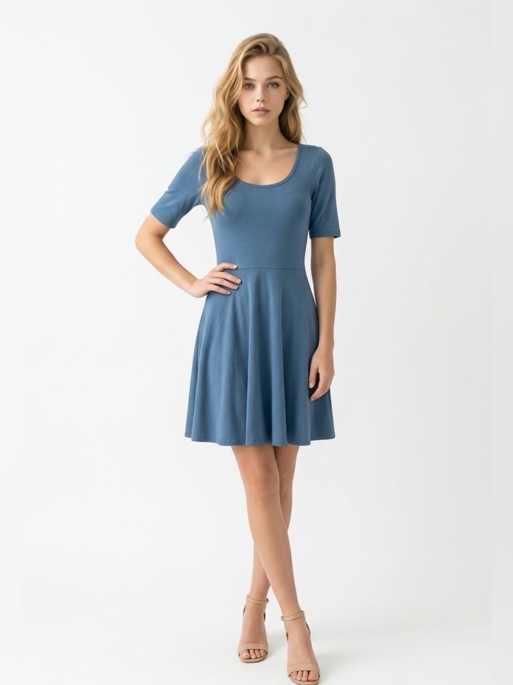 LuLaRoe Dusty Blue Scoop Neck Fit & Flare Dress - Picture 2 of 6
